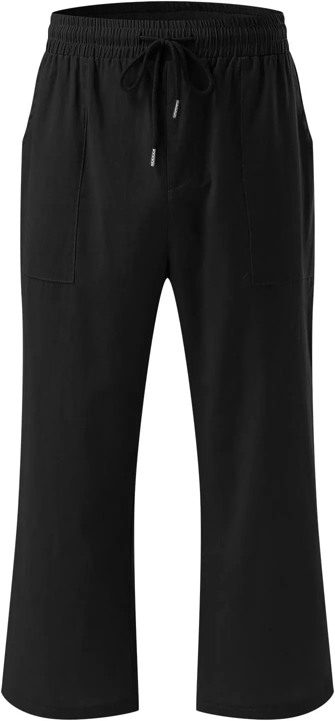 Womens Linen Summer Boho Pant Trousers Elastic Waist Ankle Length Loose Fit Palazzo Lounge Pants Trendy