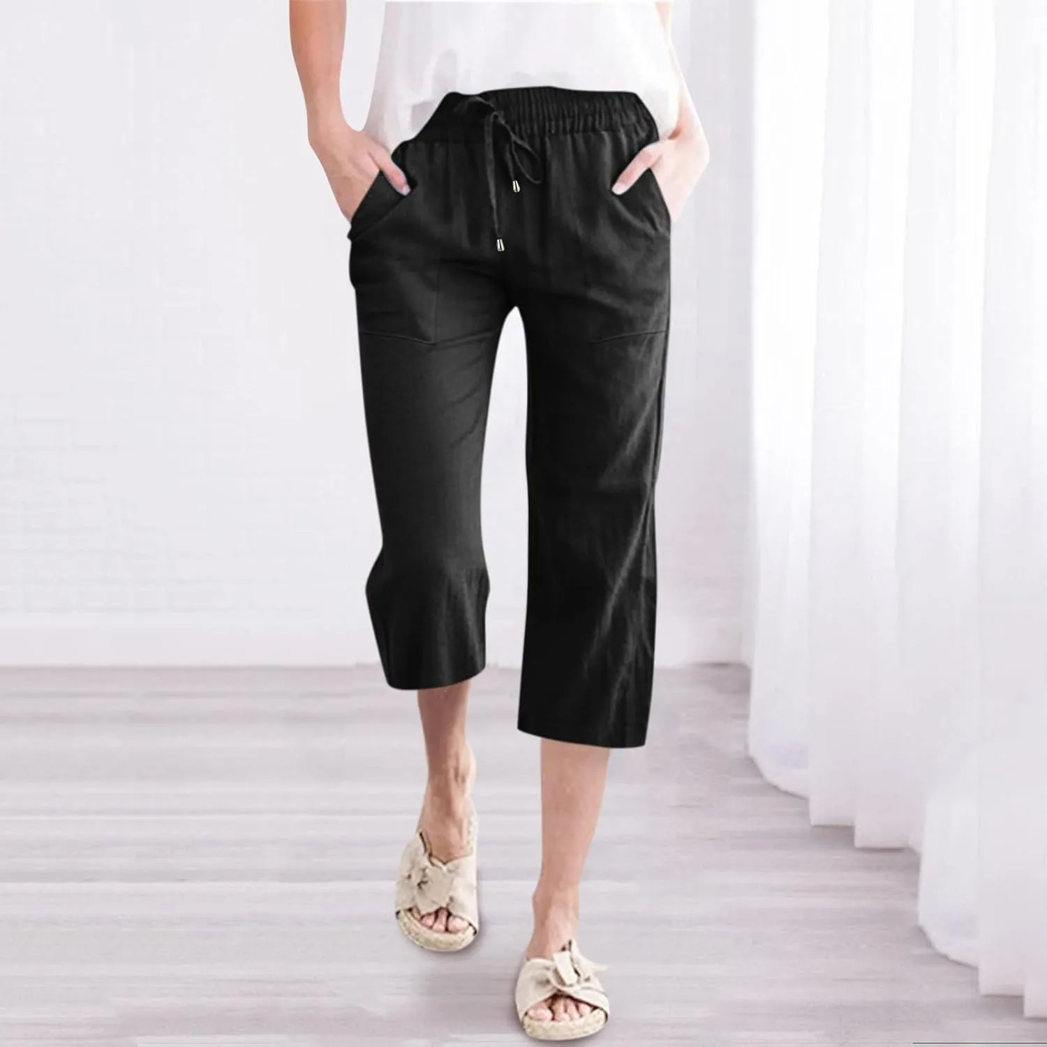 Womens Linen Summer Boho Pant Trousers Elastic Waist Ankle Length Loose Fit Palazzo Lounge Pants Trendy