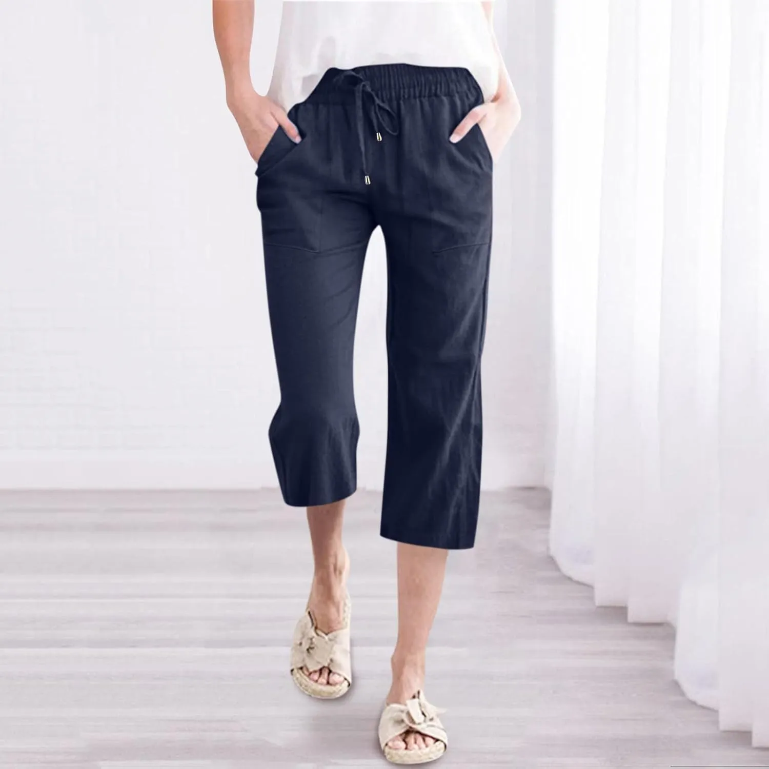 Womens Linen Summer Boho Pant Trousers Elastic Waist Ankle Length Loose Fit Palazzo Lounge Pants Trendy