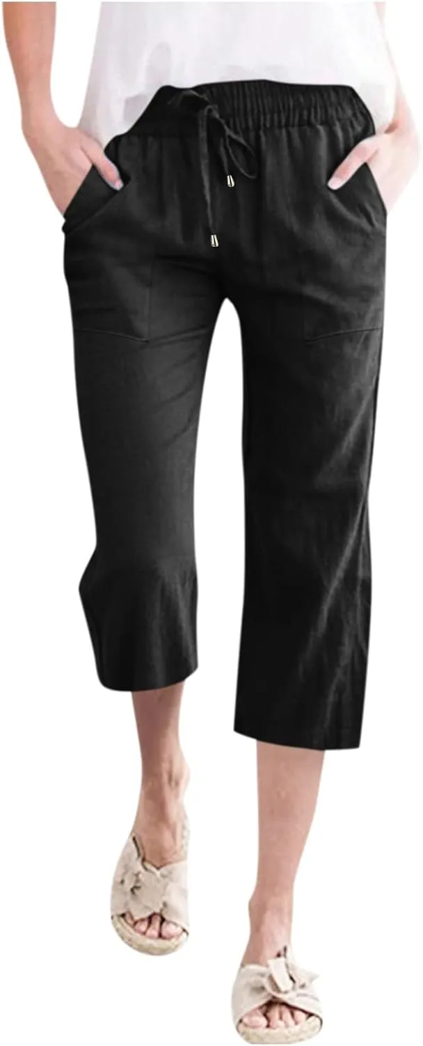 Womens Linen Summer Boho Pant Trousers Elastic Waist Ankle Length Loose Fit Palazzo Lounge Pants Trendy