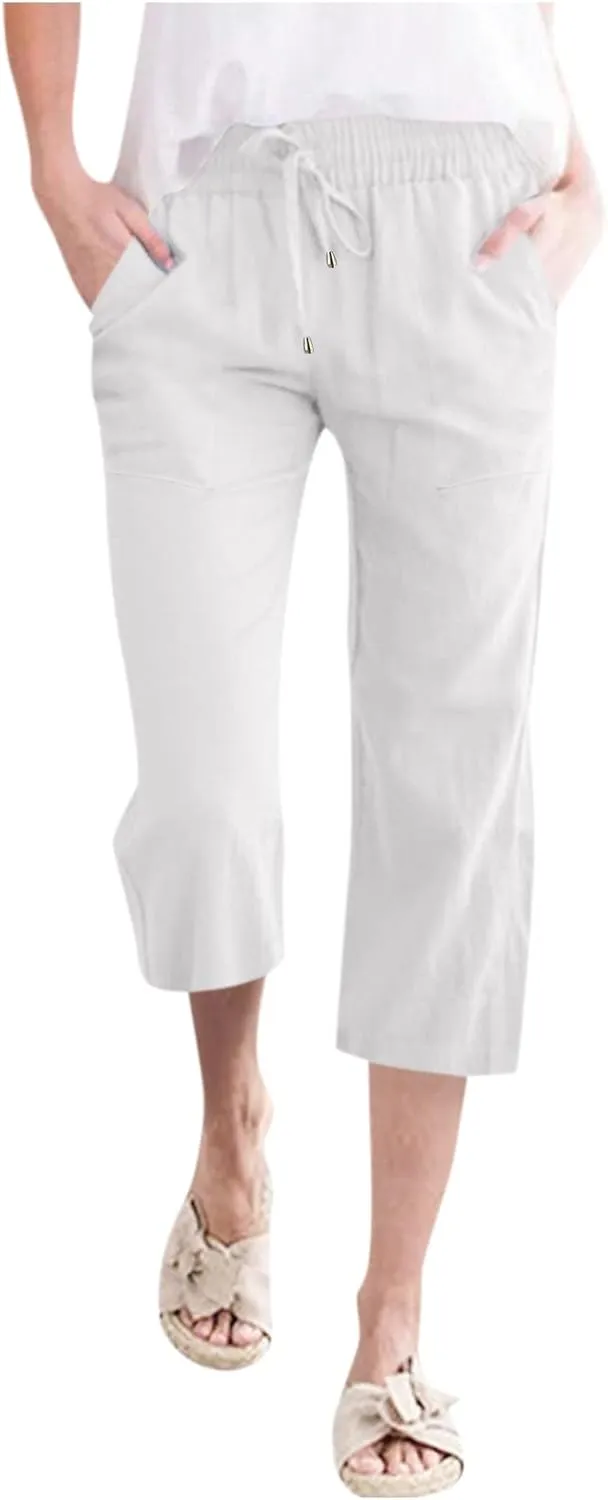 Womens Linen Summer Boho Pant Trousers Elastic Waist Ankle Length Loose Fit Palazzo Lounge Pants Trendy
