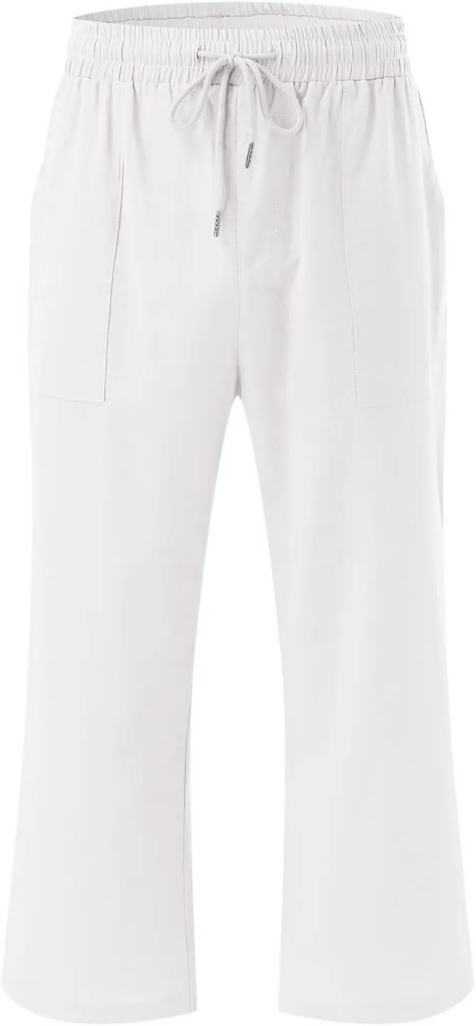 Womens Linen Summer Boho Pant Trousers Elastic Waist Ankle Length Loose Fit Palazzo Lounge Pants Trendy