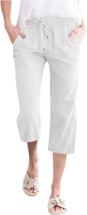 Womens Linen Summer Boho Pant Trousers Elastic Waist Ankle Length Loose Fit Palazzo Lounge Pants Trendy