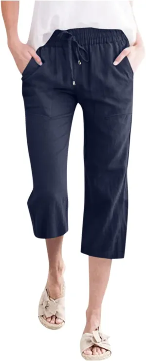 Womens Linen Summer Boho Pant Trousers Elastic Waist Ankle Length Loose Fit Palazzo Lounge Pants Trendy