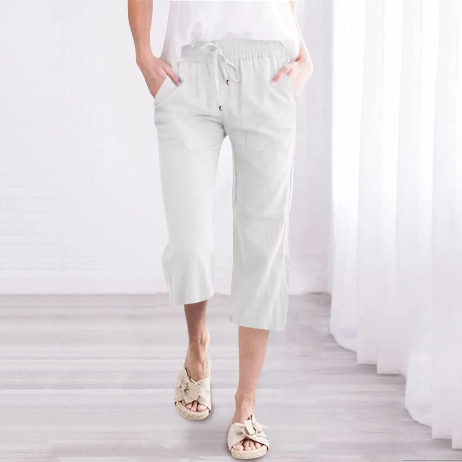 Womens Linen Summer Boho Pant Trousers Elastic Waist Ankle Length Loose Fit Palazzo Lounge Pants Trendy
