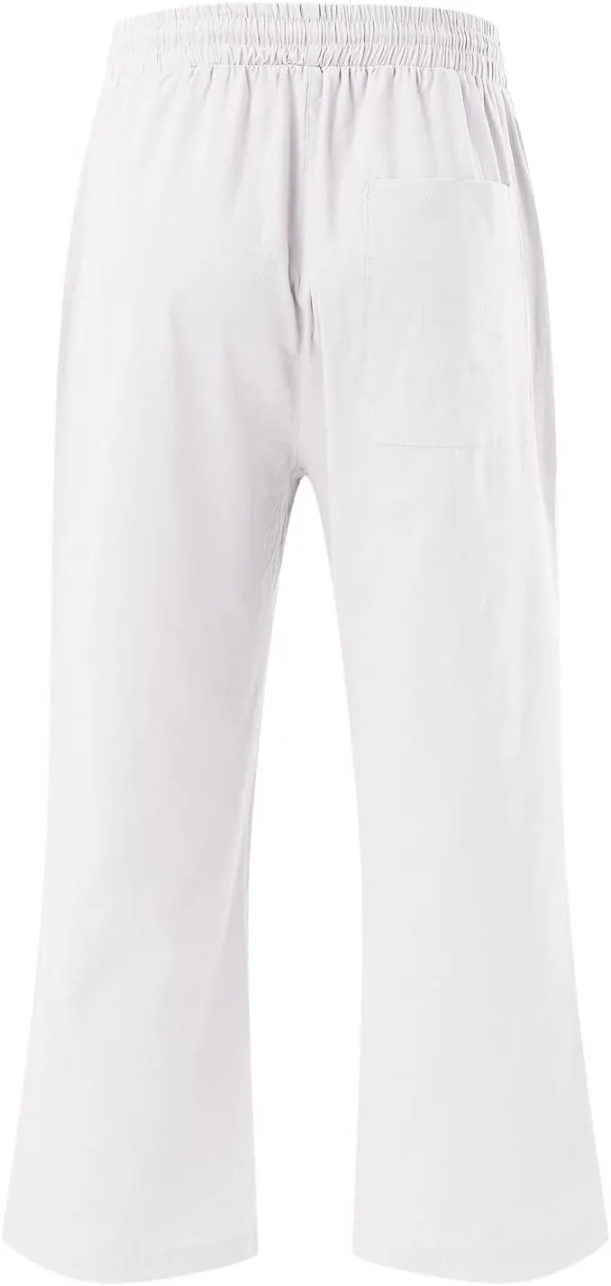 Womens Linen Summer Boho Pant Trousers Elastic Waist Ankle Length Loose Fit Palazzo Lounge Pants Trendy