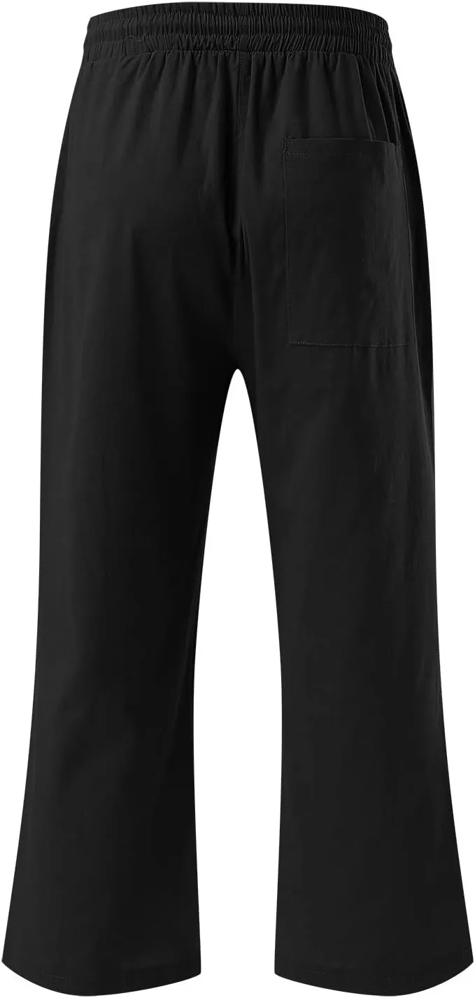 Womens Linen Summer Boho Pant Trousers Elastic Waist Ankle Length Loose Fit Palazzo Lounge Pants Trendy