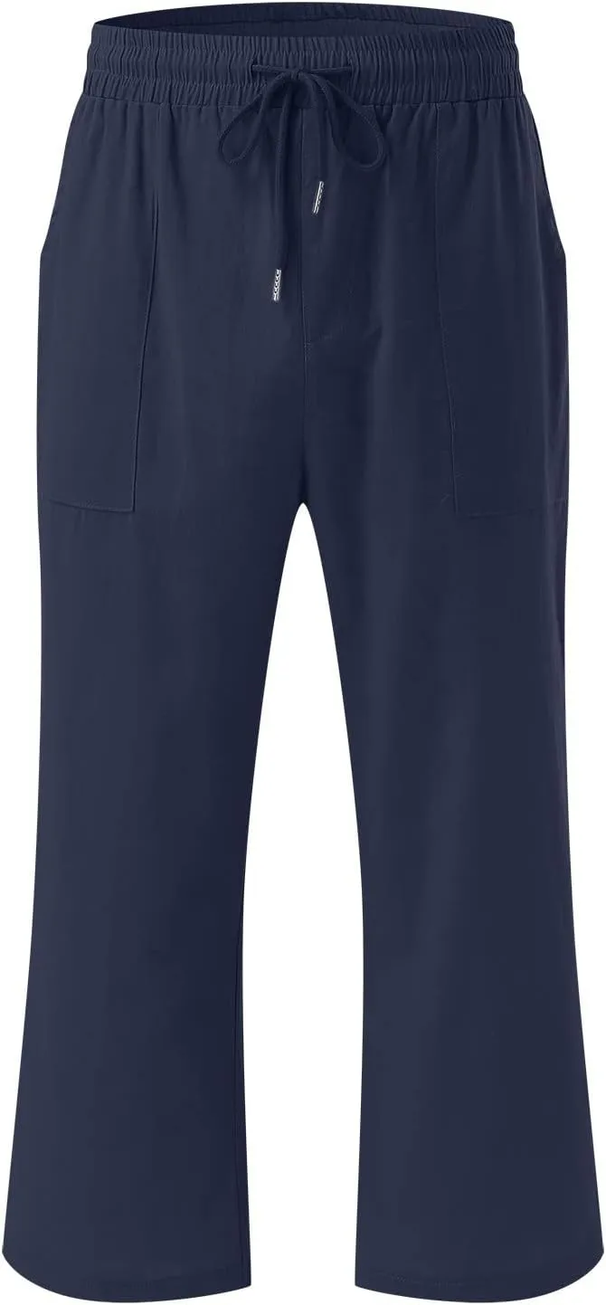 Womens Linen Summer Boho Pant Trousers Elastic Waist Ankle Length Loose Fit Palazzo Lounge Pants Trendy