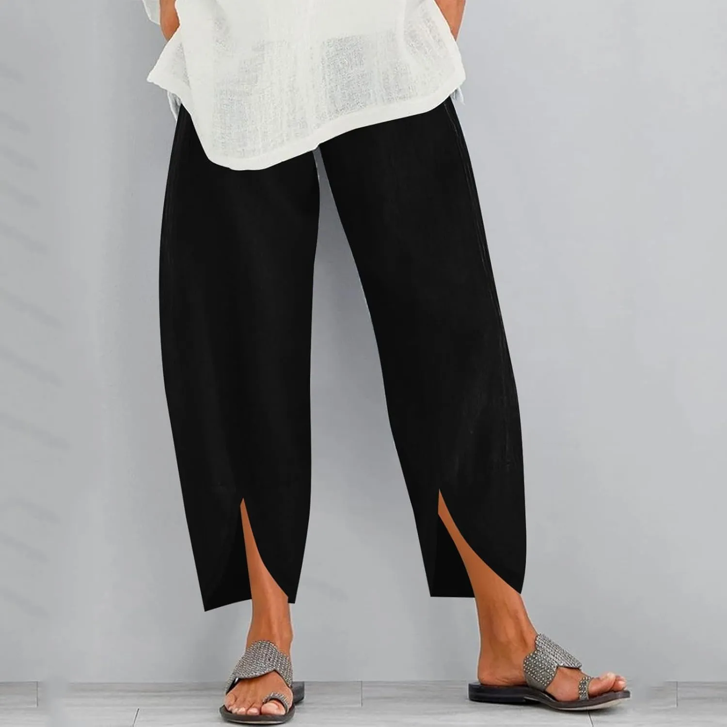 Womens Linen Summer Drawstring Pant Trousers Low Waist Bootcut Slim-Fit Palazzo Pants Trendy