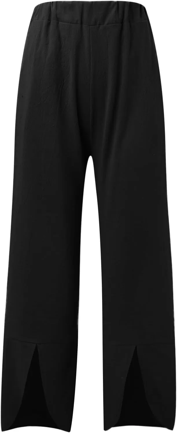 Womens Linen Summer Drawstring Pant Trousers Low Waist Bootcut Slim-Fit Palazzo Pants Trendy