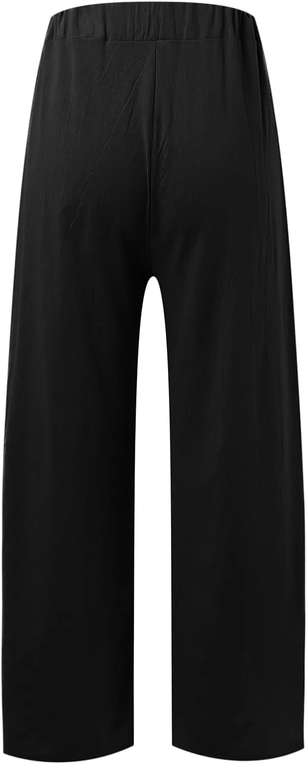 Womens Linen Summer Drawstring Pant Trousers Low Waist Bootcut Slim-Fit Palazzo Pants Trendy