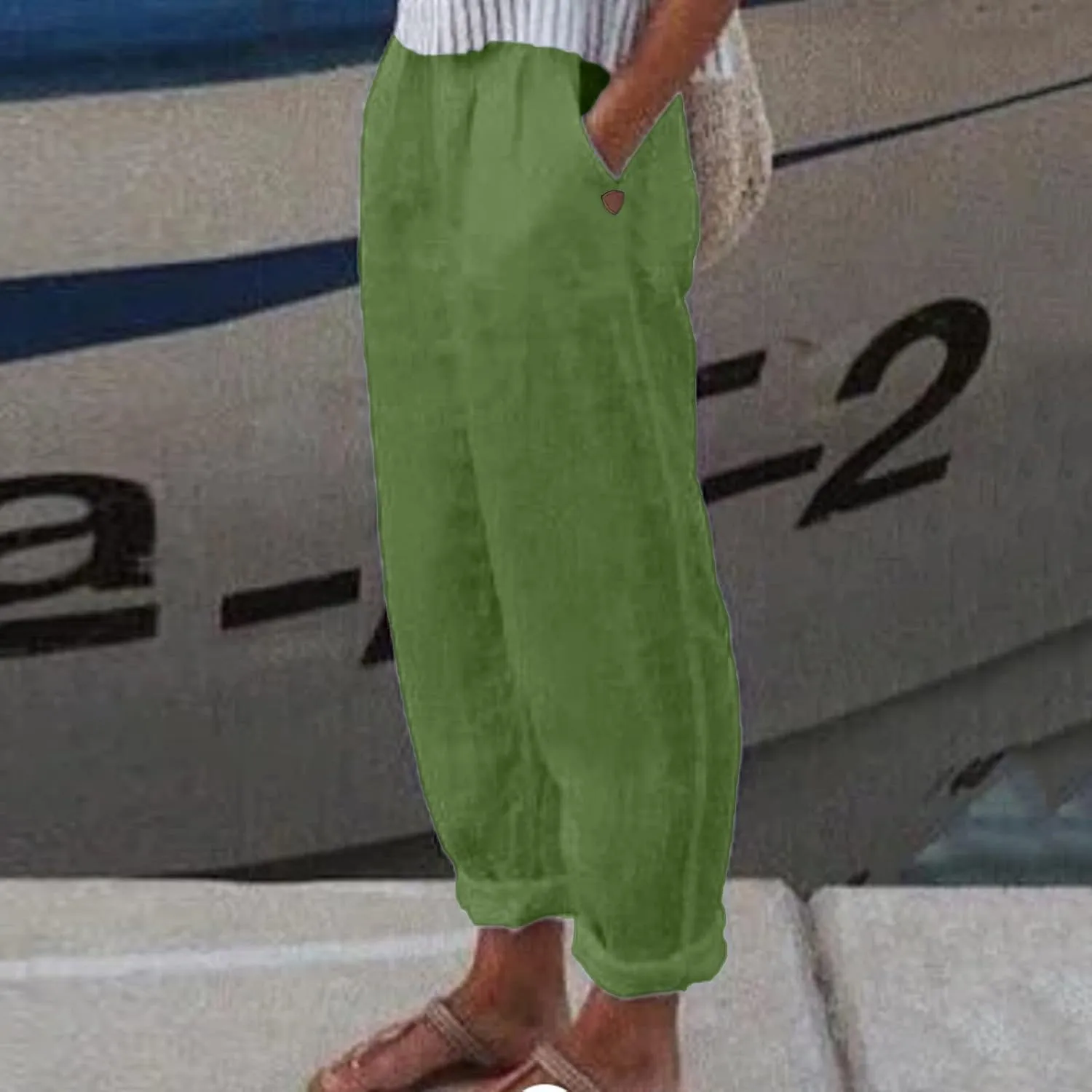 Womens Linen Summer Drawstring Pant Trousers Low Waist Bootcut Slim-Fit Palazzo Pants Trendy