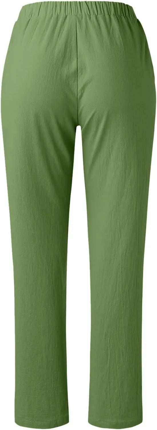Womens Linen Summer Drawstring Pant Trousers Low Waist Bootcut Slim-Fit Palazzo Pants Trendy