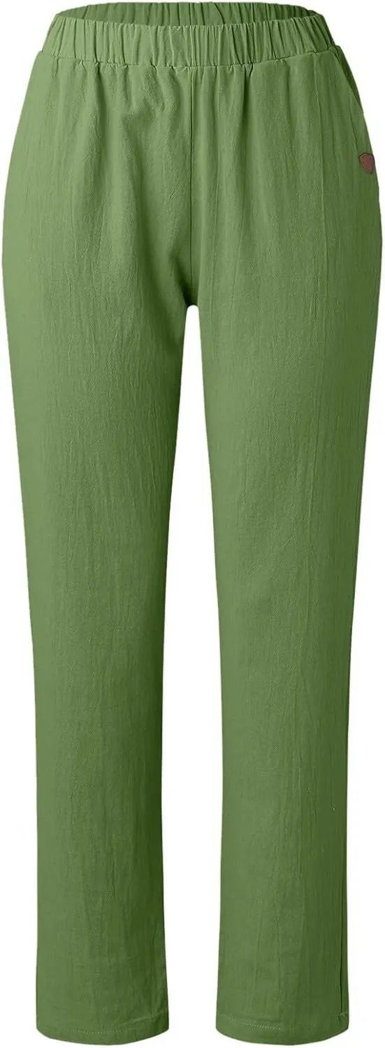 Womens Linen Summer Drawstring Pant Trousers Low Waist Bootcut Slim-Fit Palazzo Pants Trendy