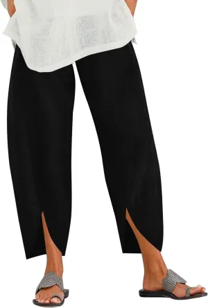 Womens Linen Summer Drawstring Pant Trousers Low Waist Bootcut Slim-Fit Palazzo Pants Trendy