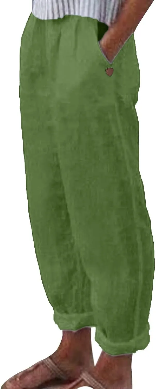 Womens Linen Summer Drawstring Pant Trousers Low Waist Bootcut Slim-Fit Palazzo Pants Trendy