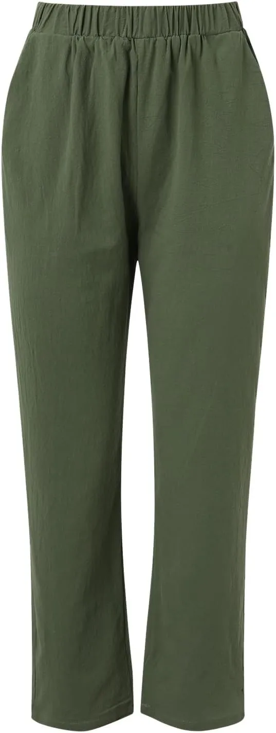 Women's Linen Summer Drawstring Pants Low Waist Wide Leg Slim-Fit Pant Trousers Trendy
