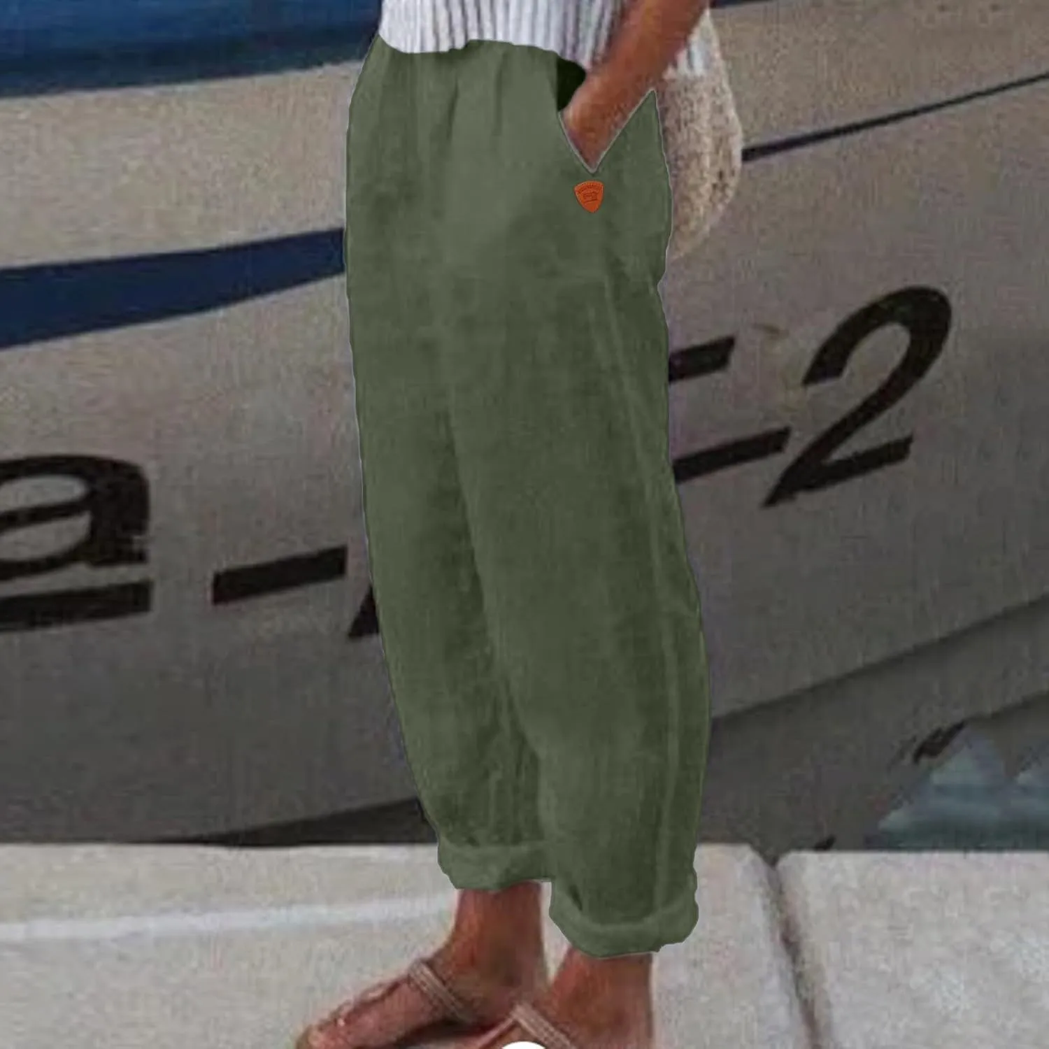 Women's Linen Summer Drawstring Pants Low Waist Wide Leg Slim-Fit Pant Trousers Trendy
