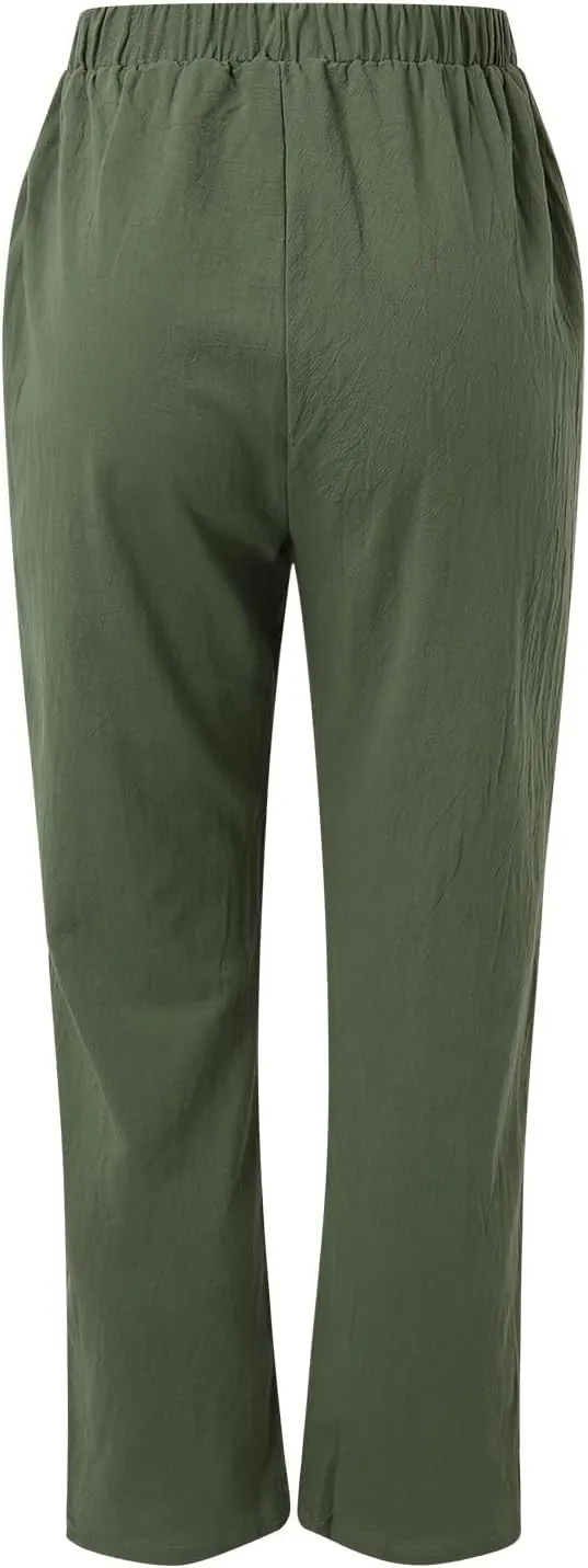 Women's Linen Summer Drawstring Pants Low Waist Wide Leg Slim-Fit Pant Trousers Trendy
