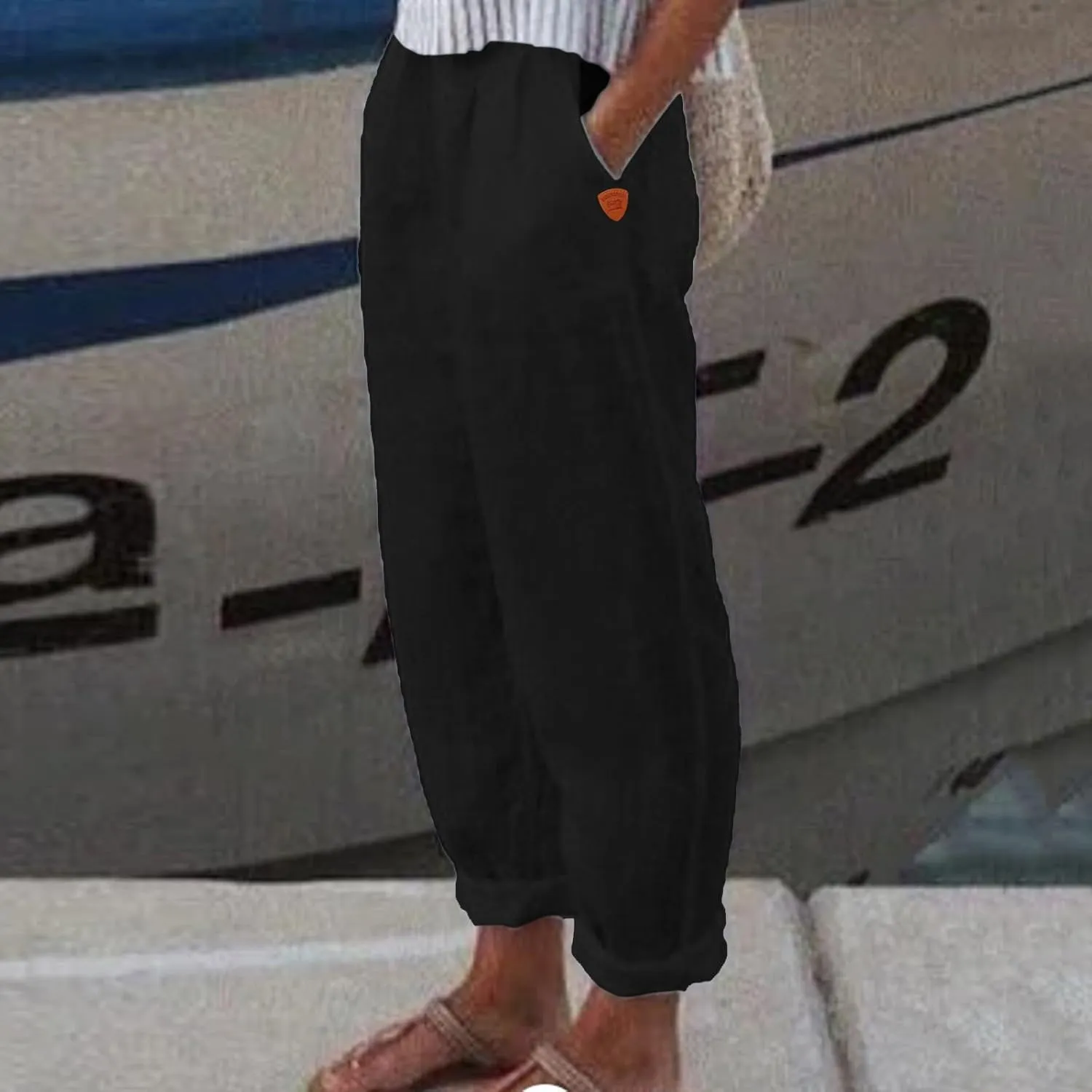Women's Linen Summer Drawstring Pants Low Waist Wide Leg Slim-Fit Pant Trousers Trendy