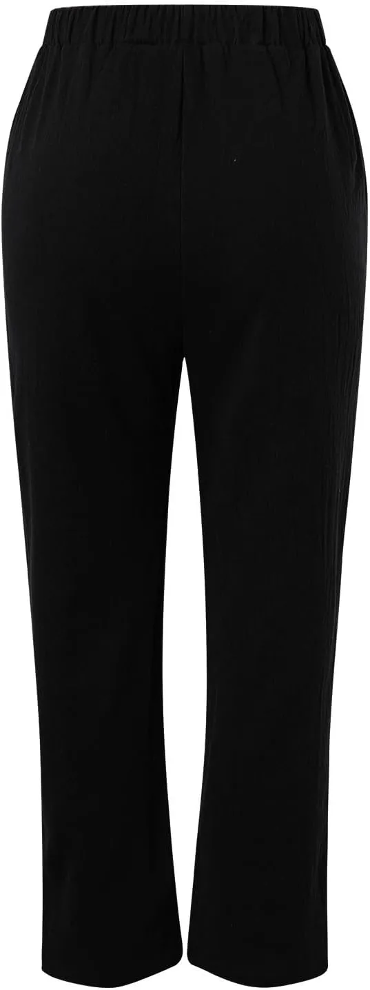 Women's Linen Summer Drawstring Pants Low Waist Wide Leg Slim-Fit Pant Trousers Trendy