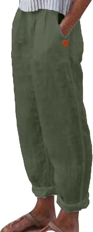 Women's Linen Summer Drawstring Pants Low Waist Wide Leg Slim-Fit Pant Trousers Trendy
