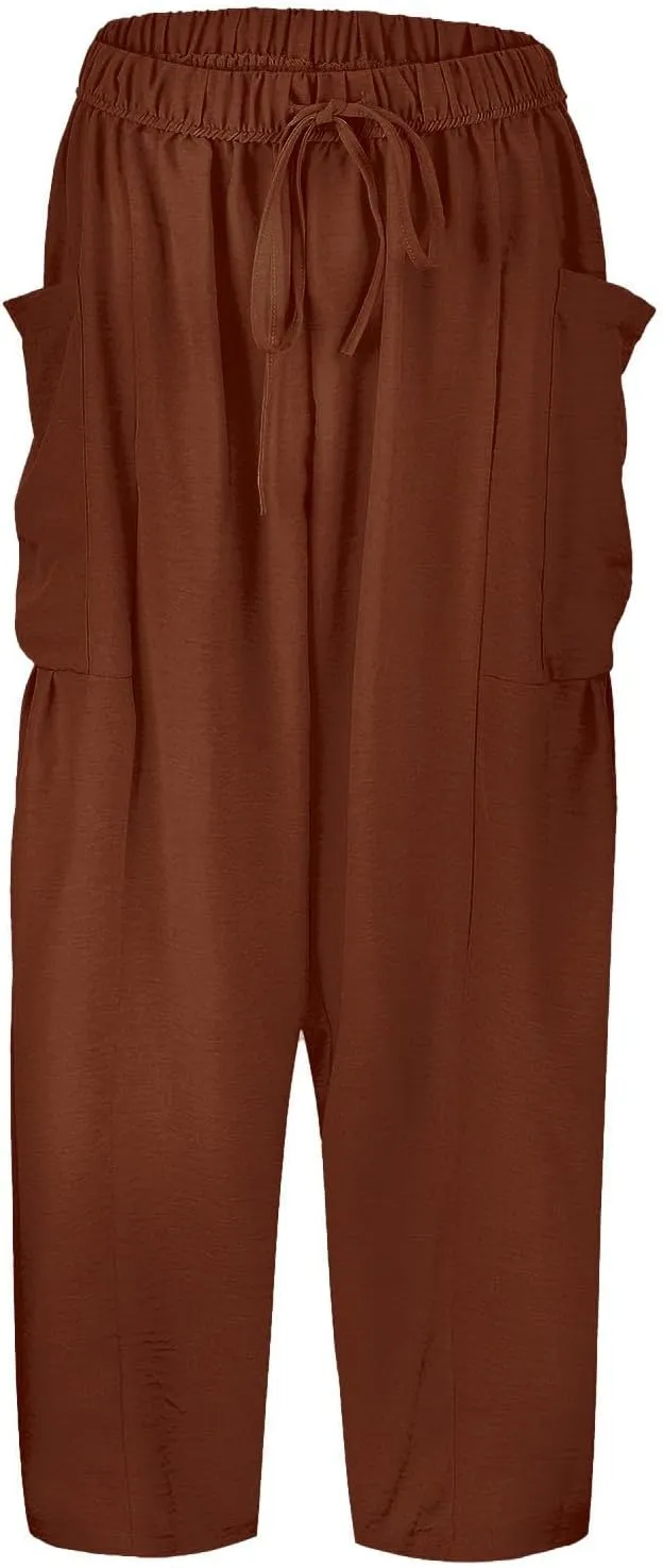 Womens Linen Summer Fashion Palazzo Lounge Pants Elastic Waist Straight Loose Fit Trouser Trendy