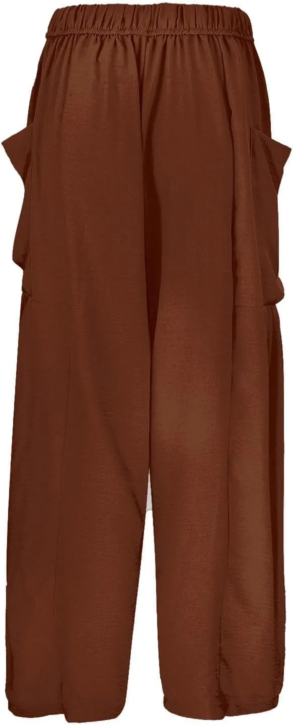Womens Linen Summer Fashion Palazzo Lounge Pants Elastic Waist Straight Loose Fit Trouser Trendy