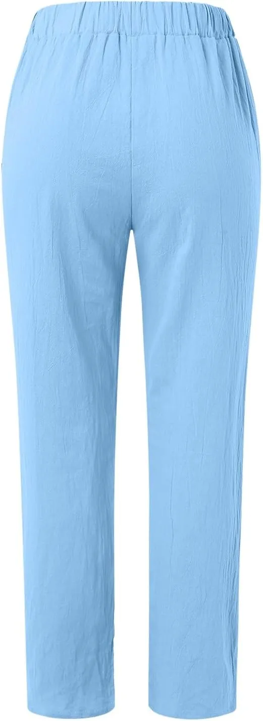 Womens Linen Summer Fashion Pants Elastic Waisted Wide Leg Slim Fit Trousers Trendy