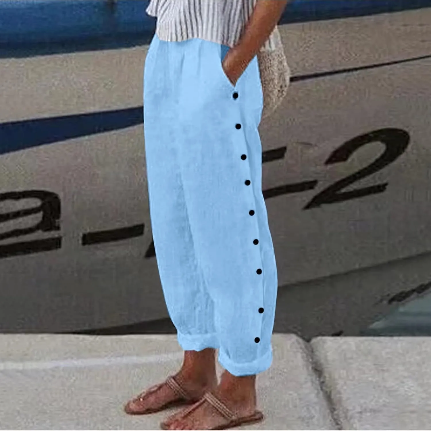 Womens Linen Summer Fashion Pants Elastic Waisted Wide Leg Slim Fit Trousers Trendy