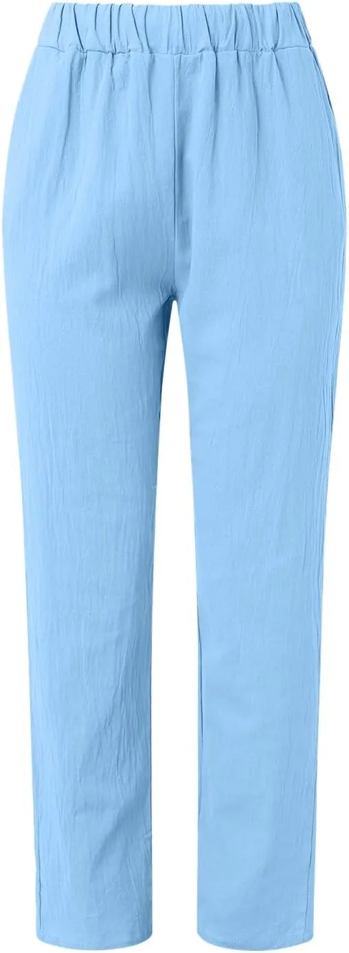 Womens Linen Summer Fashion Pants Elastic Waisted Wide Leg Slim Fit Trousers Trendy