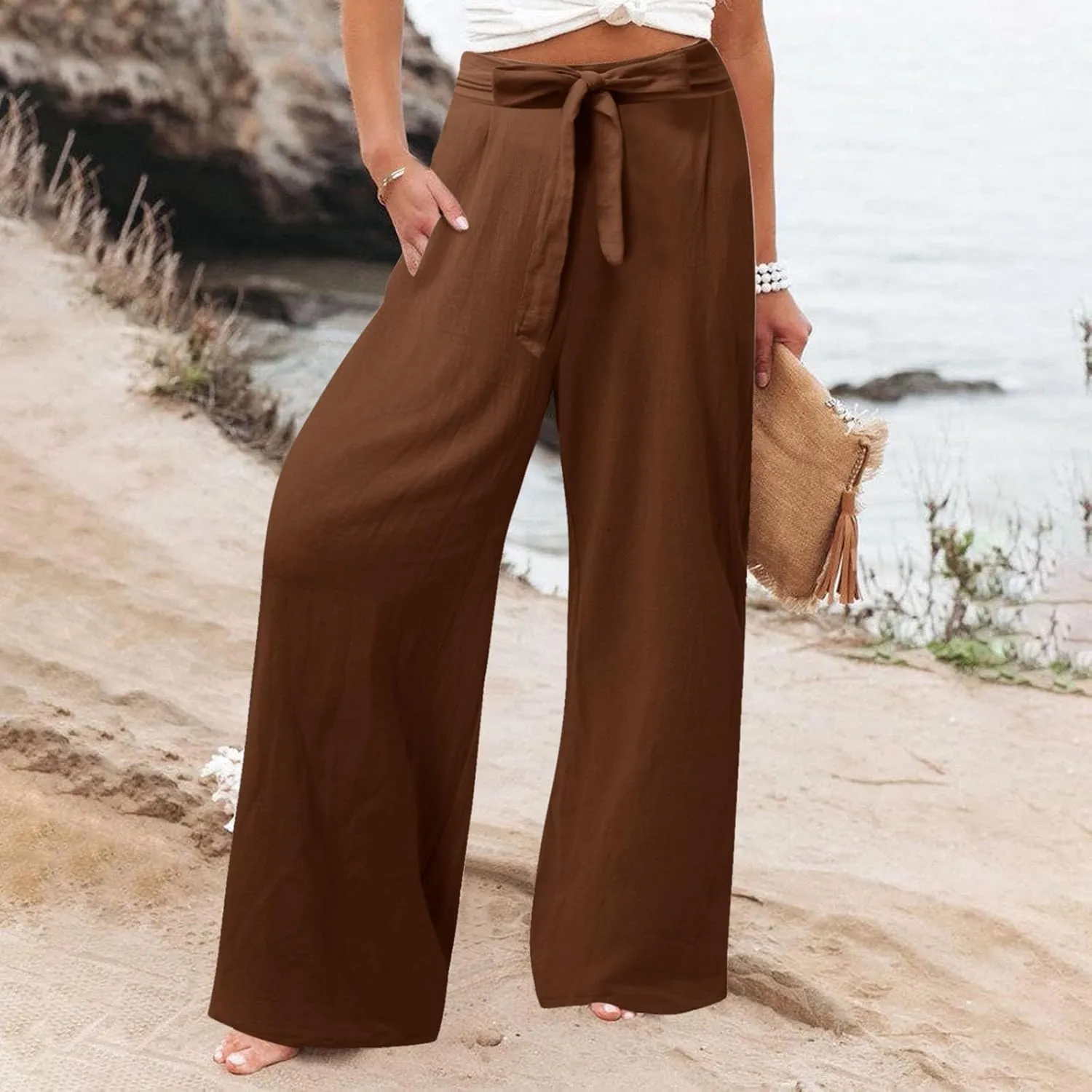 Womens Linen Summer Striped Pant Trousers Elastic Waist Wide Leg Slim-Fit Palazzo Lounge Pants Trendy