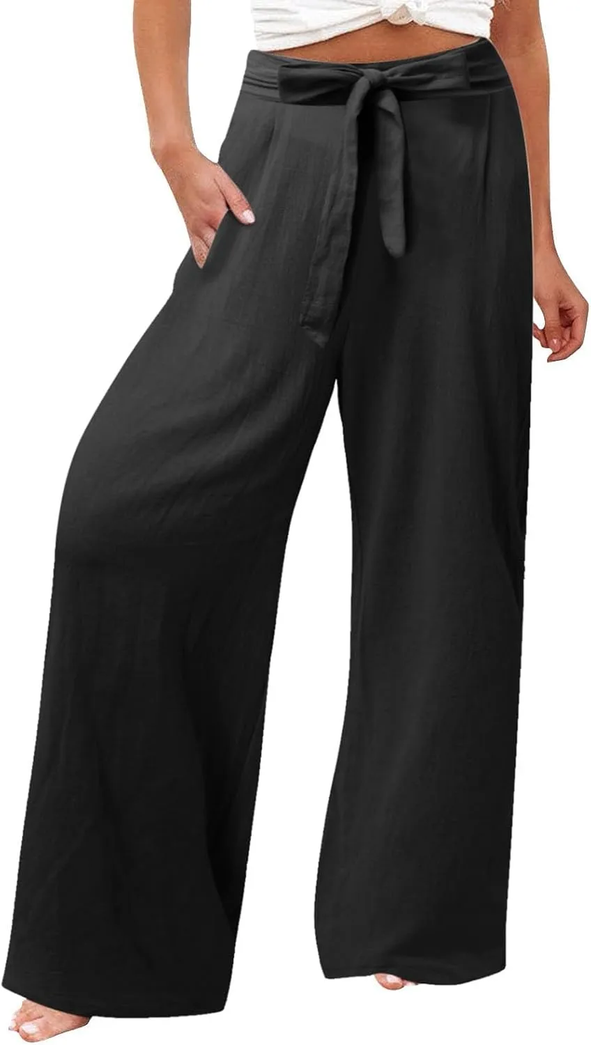 Womens Linen Summer Striped Pant Trousers Elastic Waist Wide Leg Slim-Fit Palazzo Lounge Pants Trendy