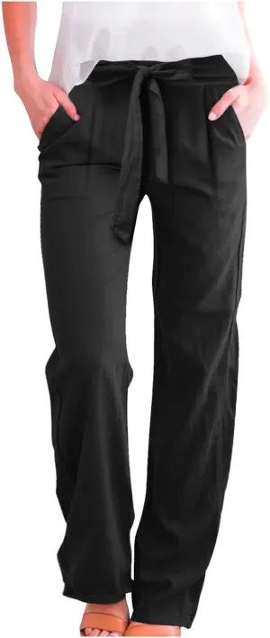 Womens Linen Summer Striped Pant Trousers Elastic Waist Wide Leg Slim-Fit Palazzo Lounge Pants Trendy