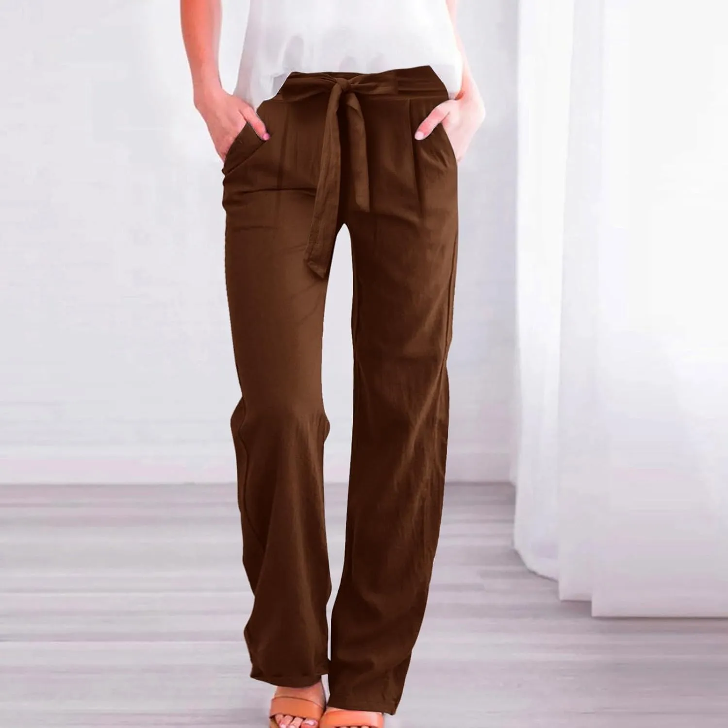 Womens Linen Summer Striped Pant Trousers Elastic Waist Wide Leg Slim-Fit Palazzo Lounge Pants Trendy