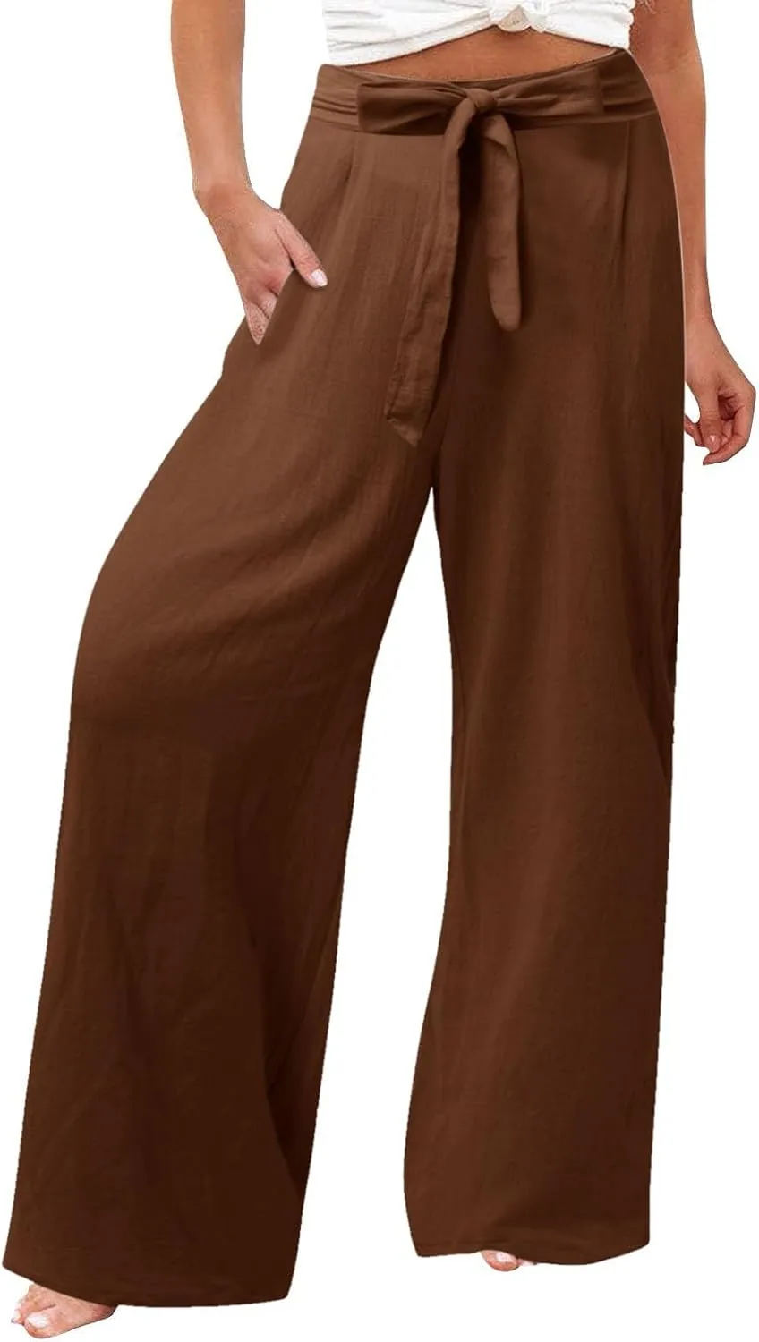 Womens Linen Summer Striped Pant Trousers Elastic Waist Wide Leg Slim-Fit Palazzo Lounge Pants Trendy