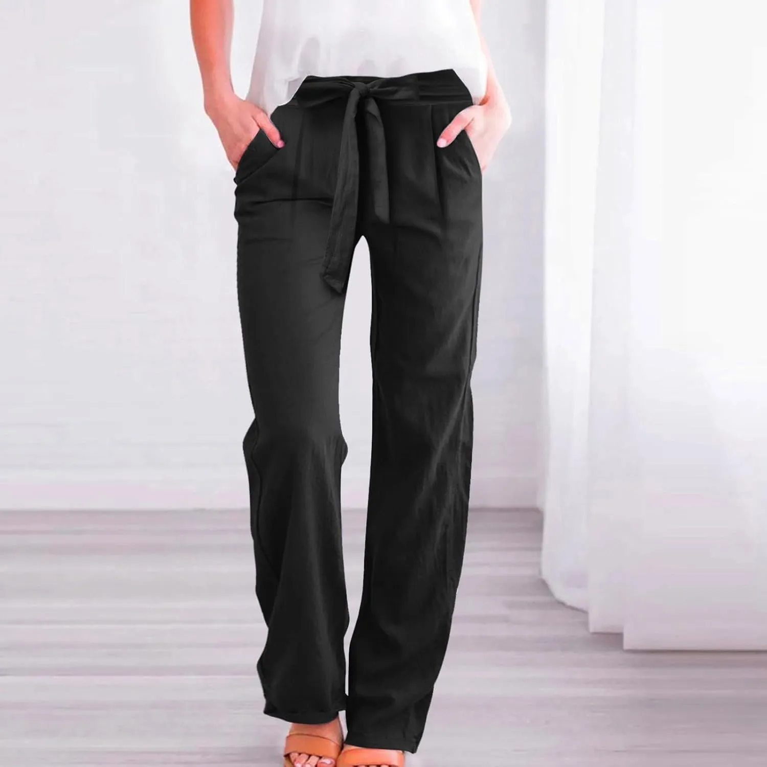 Womens Linen Summer Striped Pant Trousers Elastic Waist Wide Leg Slim-Fit Palazzo Lounge Pants Trendy