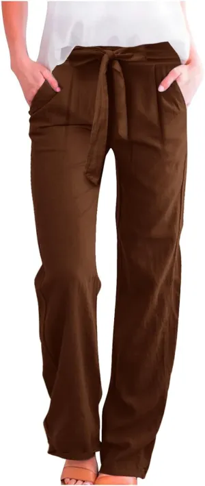 Womens Linen Summer Striped Pant Trousers Elastic Waist Wide Leg Slim-Fit Palazzo Lounge Pants Trendy