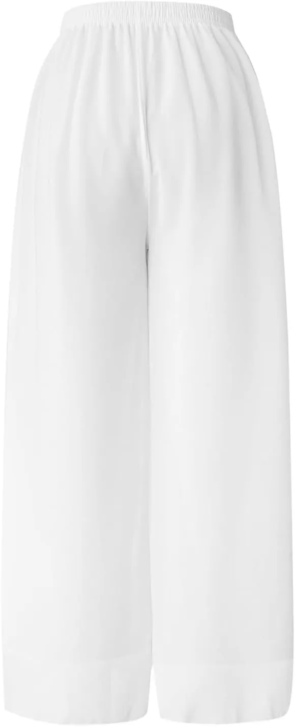 Womens Linen Summer Trendy Pants High Waist Straight Slim Fit Pants Beach