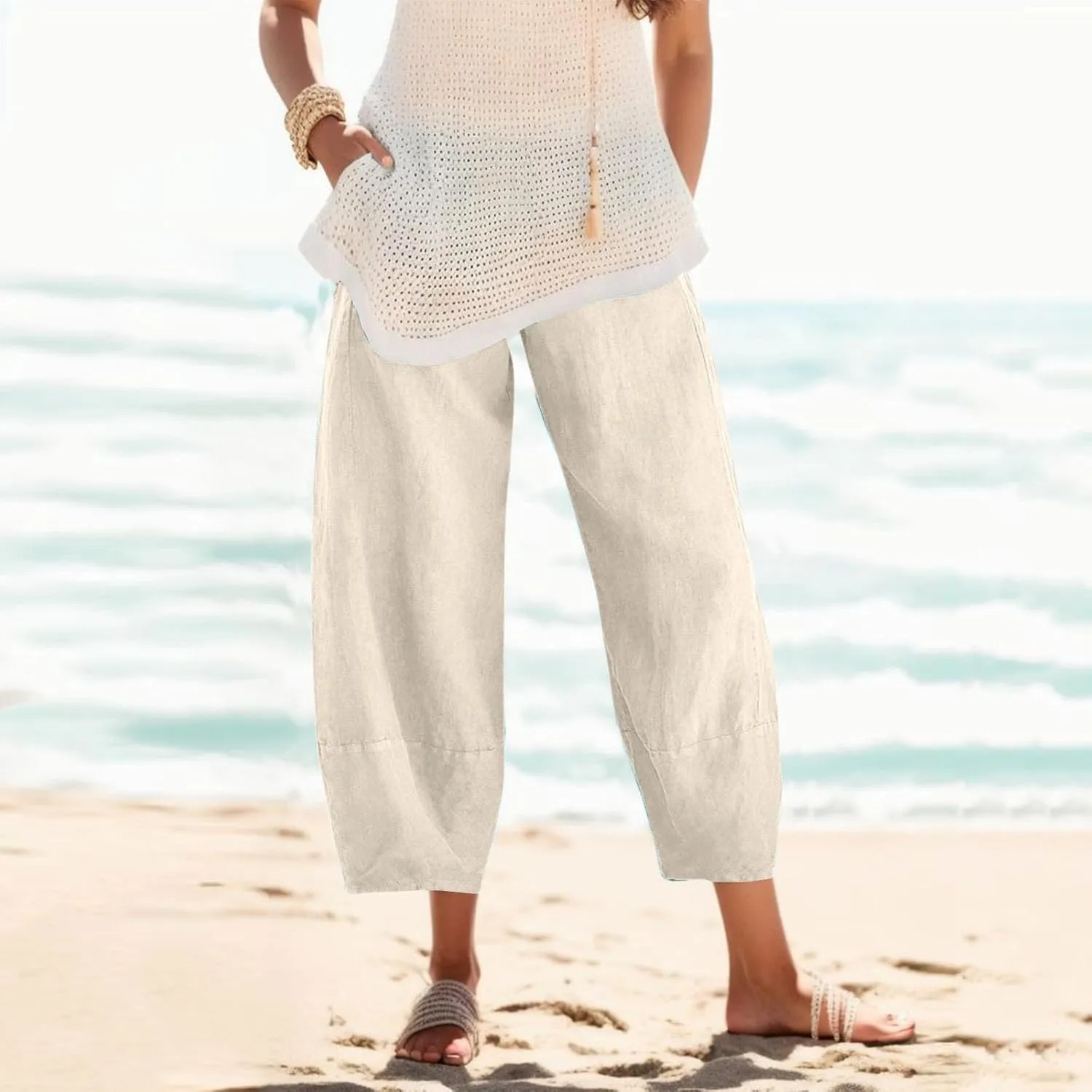 Womens Linen Summer Y2K Fashion Palazzo Pants Low Waist Wide Leg Plus Size Pants Trendy
