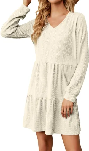 Women's Long Sleeve Casual V Neck Mini Dress A Line Loose Pleated Flowy Dresses 2024 Loose Ruffled Dresses Tunic Mini Dress