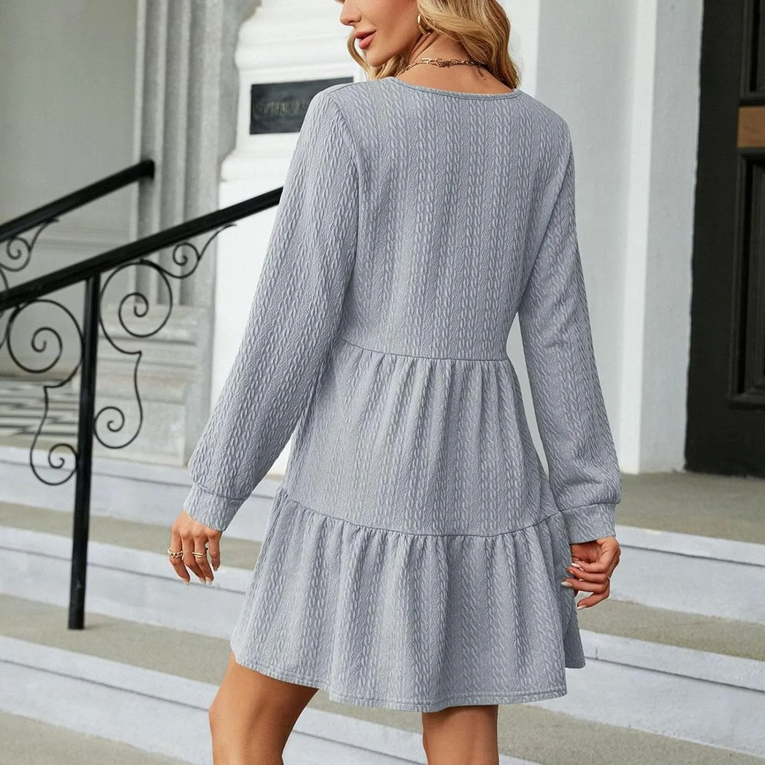 Women's Long Sleeve Casual V Neck Mini Dress A Line Loose Pleated Flowy Dresses 2024 Loose Ruffled Dresses Tunic Mini Dress