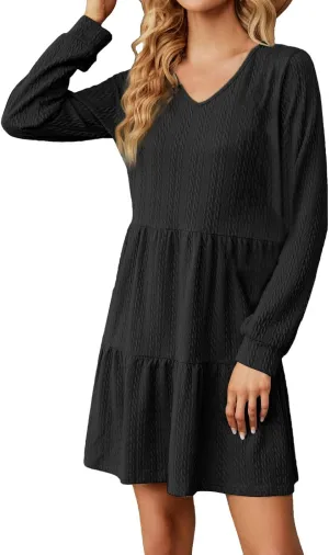 Women's Long Sleeve Casual V Neck Mini Dress A Line Loose Pleated Flowy Dresses 2024 Loose Ruffled Dresses Tunic Mini Dress
