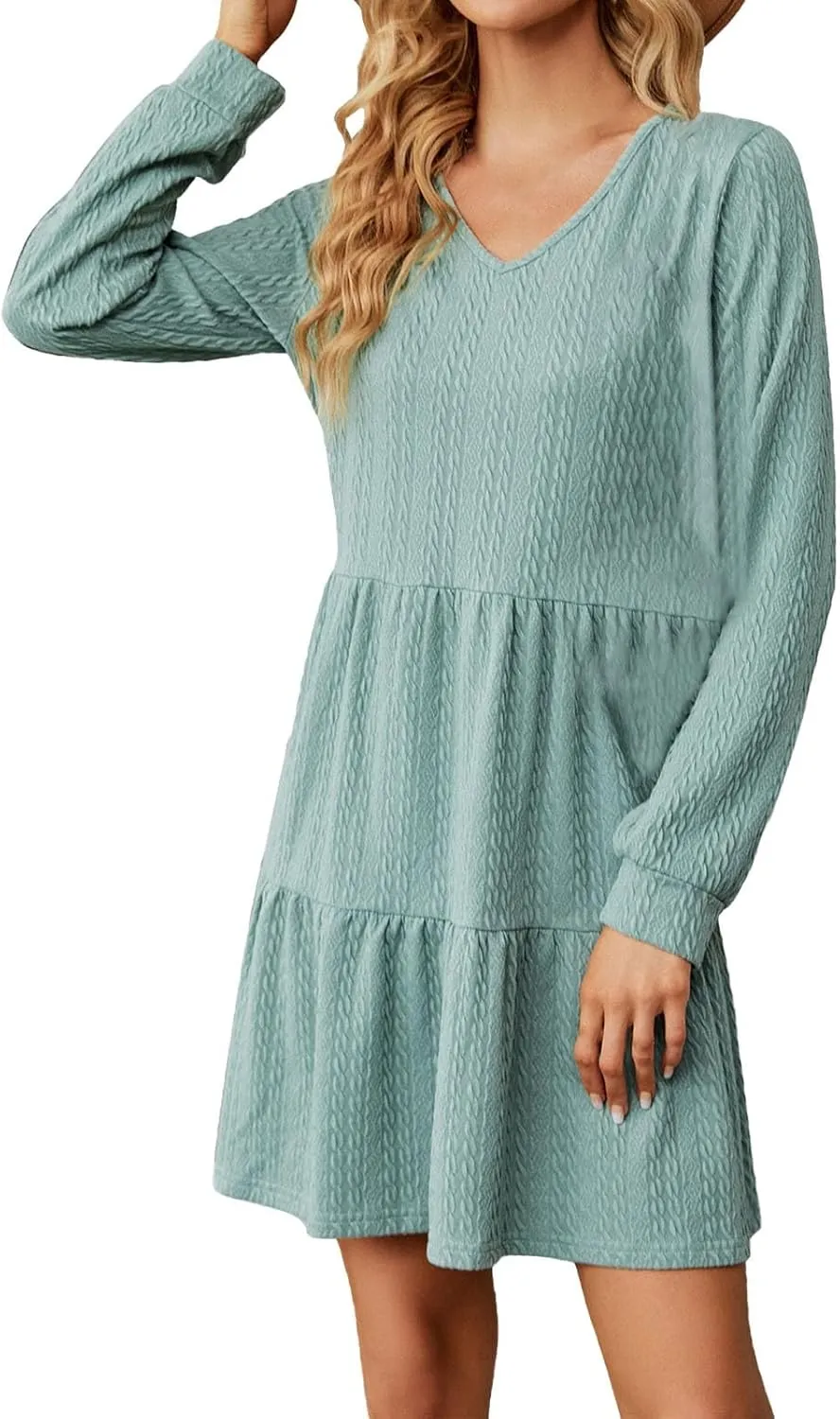 Women's Long Sleeve Casual V Neck Mini Dress A Line Loose Pleated Flowy Dresses 2024 Loose Ruffled Dresses Tunic Mini Dress