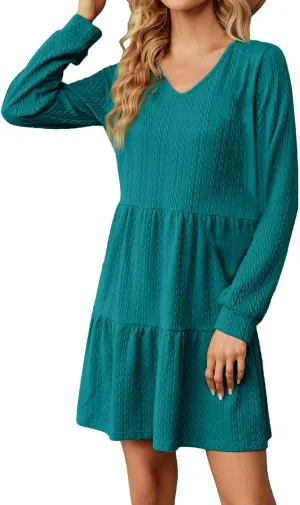 Women's Long Sleeve Casual V Neck Mini Dress A Line Loose Pleated Flowy Dresses 2024 Loose Ruffled Dresses Tunic Mini Dress