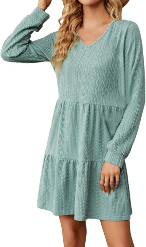 Women's Long Sleeve Casual V Neck Mini Dress A Line Loose Pleated Flowy Dresses 2024 Loose Ruffled Dresses Tunic Mini Dress