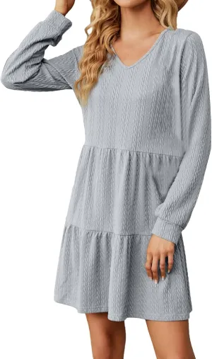 Women's Long Sleeve Casual V Neck Mini Dress A Line Loose Pleated Flowy Dresses 2024 Loose Ruffled Dresses Tunic Mini Dress