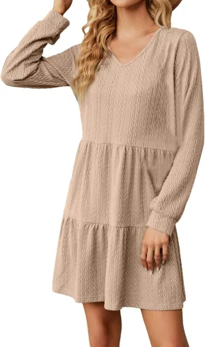 Women's Long Sleeve Casual V Neck Mini Dress A Line Loose Pleated Flowy Dresses 2024 Loose Ruffled Dresses Tunic Mini Dress