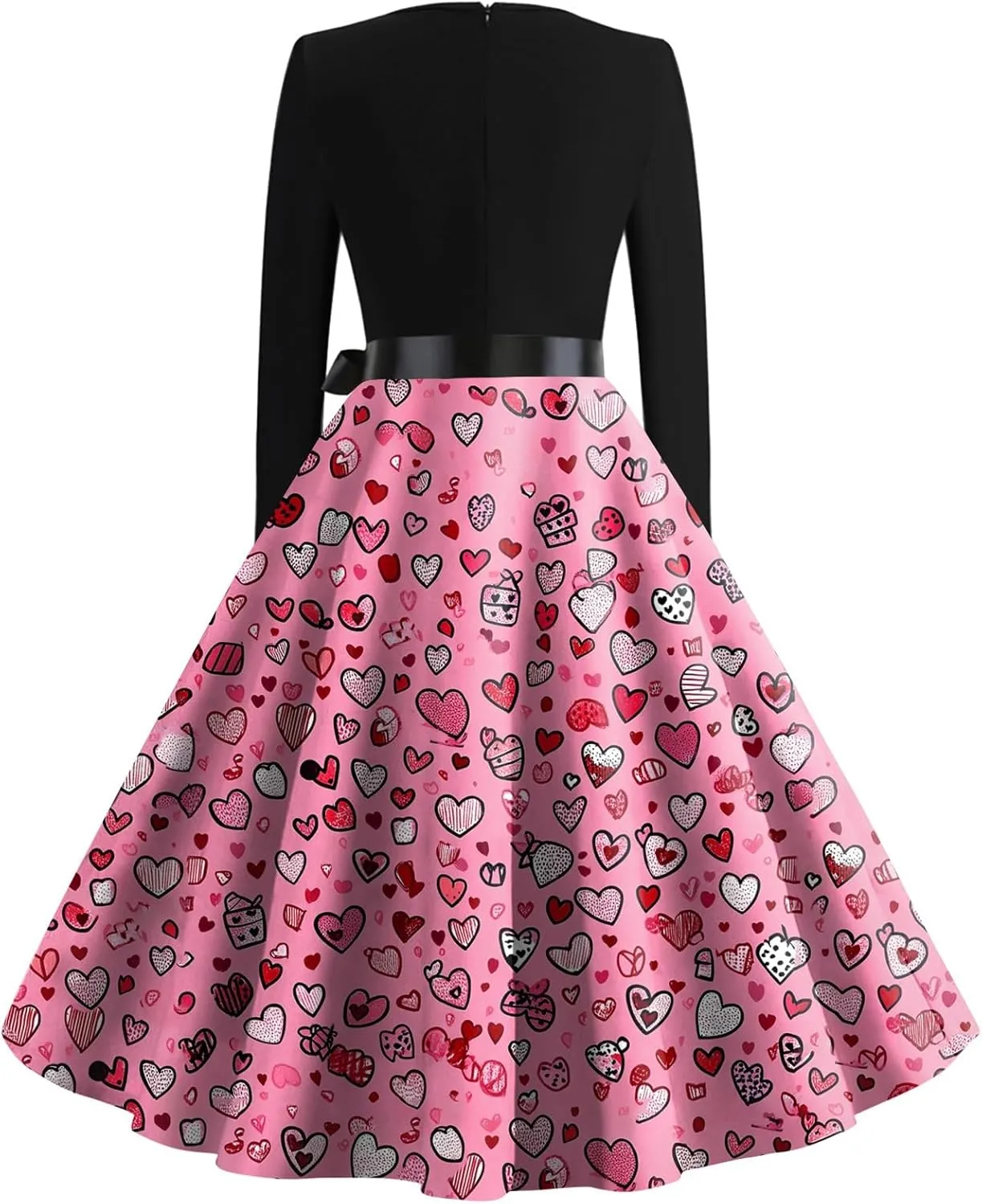 Women's Long Sleeve Vintage Swing Dress with Heart Print, Elegant A-Line Midi Dress for Party and Casual Wear