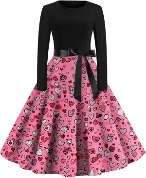 Women's Long Sleeve Vintage Swing Dress with Heart Print, Elegant A-Line Midi Dress for Party and Casual Wear